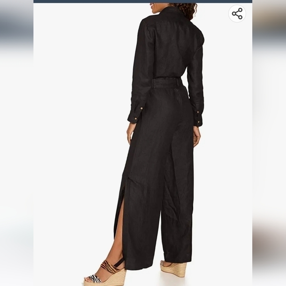 Boston Proper Long-Sleeve Linen Wide-Leg Utility Jumpsuit Small Black - Picture 3 of 13